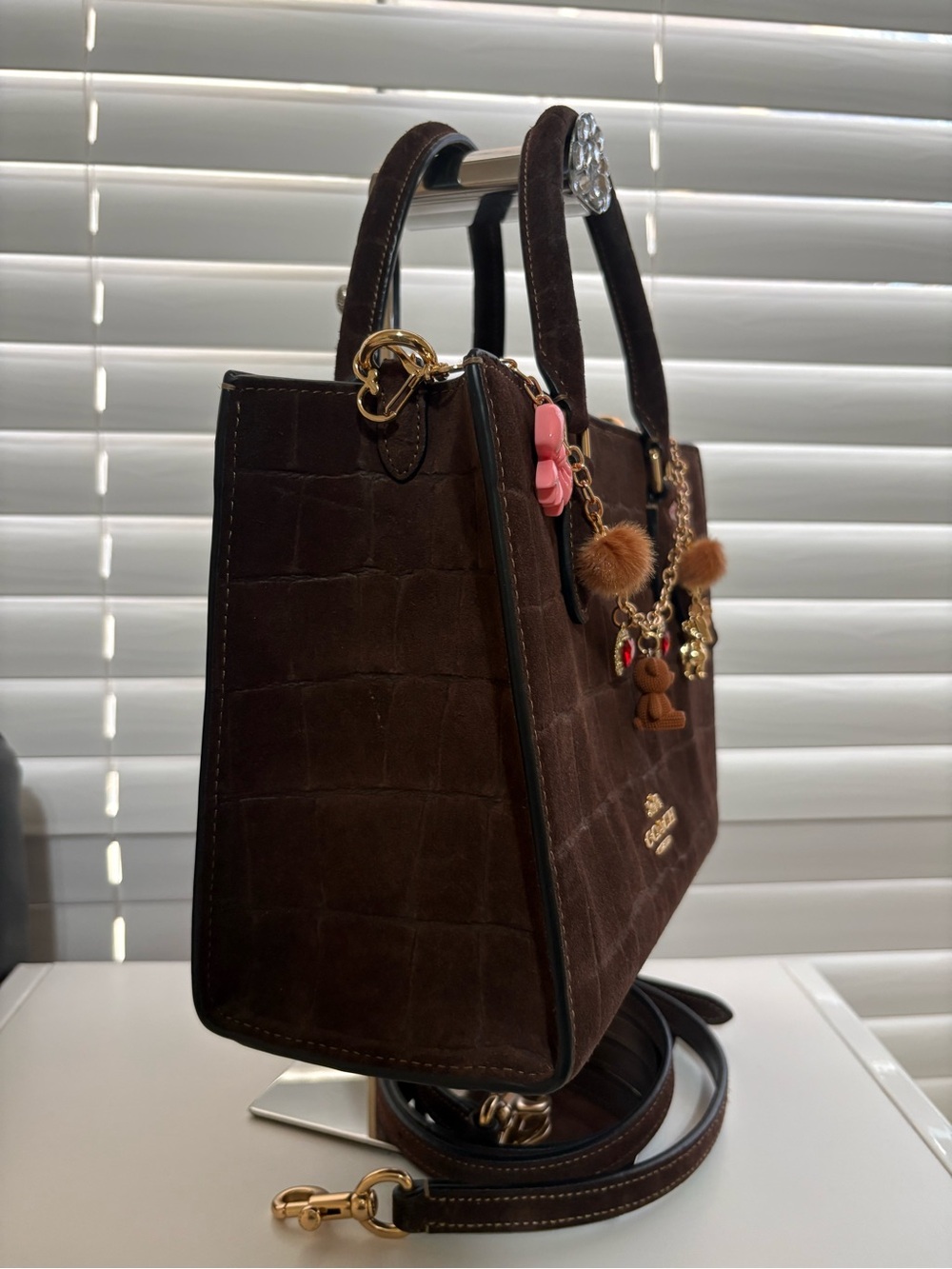 COACH Dark Brown Croc-Embossed Satchel Maggie Small Tote Bag. - Picture 4 of 13